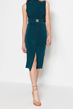 Yeni Slim Gündüz Gece Sandy Örme Dik Yaka Kolsuz Kol Bodycone Midi Boy Elbise