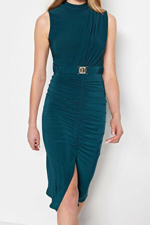 Yeni Slim Gündüz Gece Sandy Örme Dik Yaka Kolsuz Kol Bodycone Midi Boy Elbise