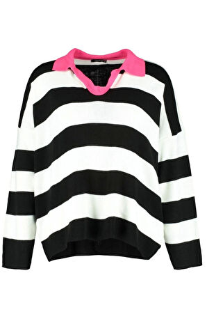 Kadın Büyük Beden Moda Şık Regular Polo Yaka Uzun Kol Çizgili Polo Yaka Triko Kazak