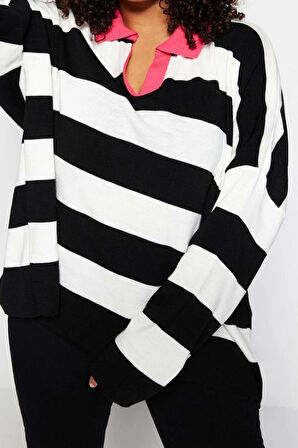 Kadın Büyük Beden Moda Şık Regular Polo Yaka Uzun Kol Çizgili Polo Yaka Triko Kazak