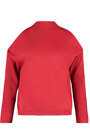 Kadın Büyük Beden Moda Şık Regular Dik Yaka Uzun Kol Düz Cut Out Detaylı Triko Kazak