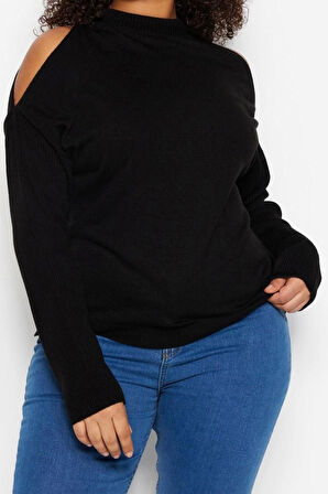 Kadın Büyük Beden Moda Şık Regular Dik Yaka Uzun Kol Düz Cut Out Detaylı Triko Kazak