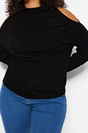 Kadın Büyük Beden Moda Şık Regular Dik Yaka Uzun Kol Düz Cut Out Detaylı Triko Kazak