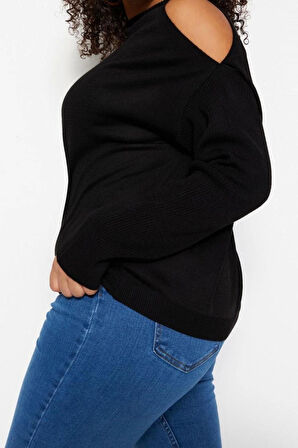 Kadın Büyük Beden Moda Şık Regular Dik Yaka Uzun Kol Düz Cut Out Detaylı Triko Kazak