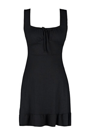 Yeni Regular Casual Günlük Polyester Kaşkorse Örme Kare Yaka Kolsuz Kol A-Line Mini Boy Elbise