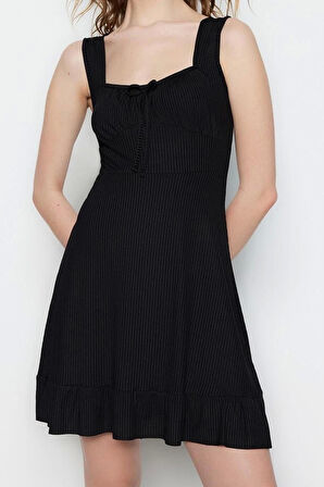 Yeni Regular Casual Günlük Polyester Kaşkorse Örme Kare Yaka Kolsuz Kol A-Line Mini Boy Elbise