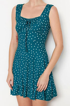 Yeni Regular Casual Günlük Polyester Kaşkorse Örme Kare Yaka Kolsuz Kol A-Line Mini Boy Elbise