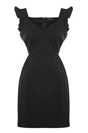 Yeni Fit Gündüz Gece Krep Dokuma V Yaka Askılı Kol A-Line Mini Boy Büyük Beden Elbise