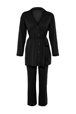Kadın Moda Şık Boru Paça Standart Boy Sİyah Kuşaklı Oversize Fitilli Örme Tunik-Pantolon Takım