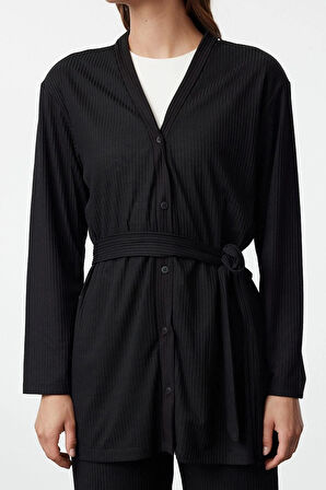 Kadın Moda Şık Boru Paça Standart Boy Sİyah Kuşaklı Oversize Fitilli Örme Tunik-Pantolon Takım