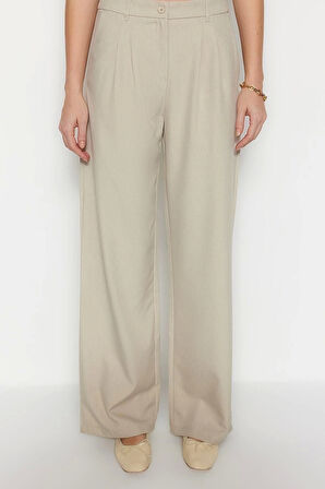 Kadın Yeni Moda Geniş Paça Regular Boy Dokuma Geniş Paça Wide Leg Pilili Pantolon