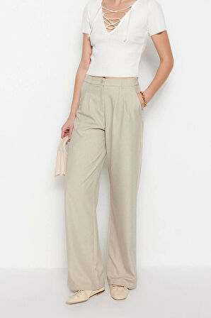 Kadın Yeni Moda Geniş Paça Regular Boy Dokuma Geniş Paça Wide Leg Pilili Pantolon