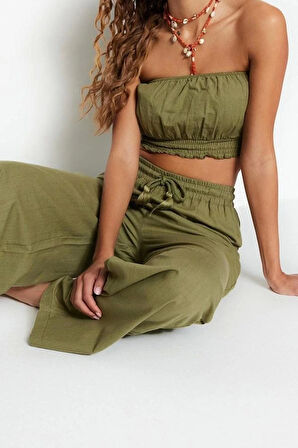 Kadın Moda Şık Regular Kısa Boy Uzun Kollu Kahverengİ Dokuma %100 Pamuklu Bluz Pantolon Takım