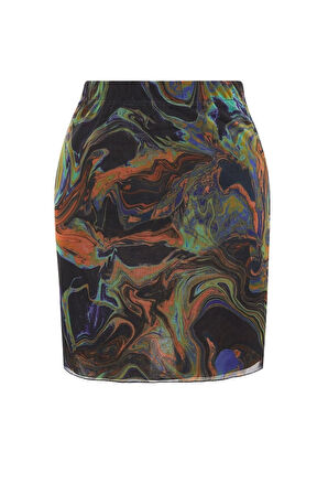 Kadın Moda Stil Mini Astarsız Örme Baskılı Tül Yüksek Bel Astarlı Mini Örme Etek