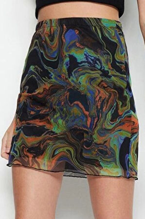 Kadın Moda Stil Mini Astarsız Örme Baskılı Tül Yüksek Bel Astarlı Mini Örme Etek