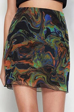 Kadın Moda Stil Mini Astarsız Örme Baskılı Tül Yüksek Bel Astarlı Mini Örme Etek