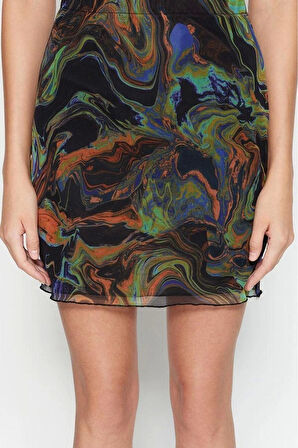 Kadın Moda Stil Mini Astarsız Örme Baskılı Tül Yüksek Bel Astarlı Mini Örme Etek