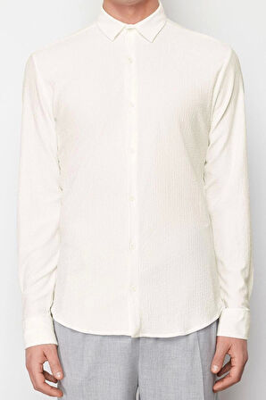 Erkek Moda Uzun Kol Örme Ekru Slim Fit Dokulu Örme Uzun Kollu Gömlek