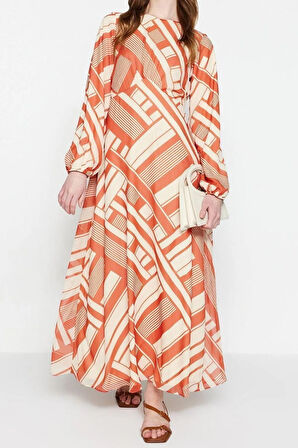 Yeni Regular Casual Günlük Şifon Dokuma Bisiklet Yaka Uzun Kol A-Line Maxi Boy Tesettür Elbise