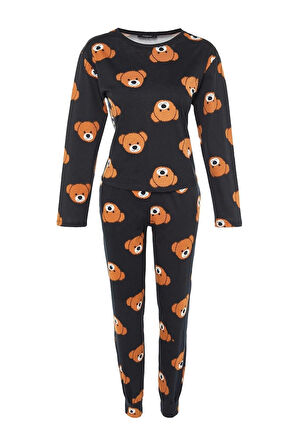 Kadın Moda Şık Bisiklet Yaka Boru Paça Uzun Kol %100 Pamuklu Ayıcık Desenli Örme Pijama Takımı