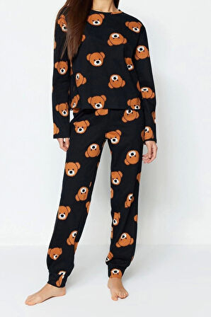 Kadın Moda Şık Bisiklet Yaka Boru Paça Uzun Kol %100 Pamuklu Ayıcık Desenli Örme Pijama Takımı