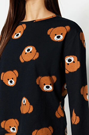 Kadın Moda Şık Bisiklet Yaka Boru Paça Uzun Kol %100 Pamuklu Ayıcık Desenli Örme Pijama Takımı