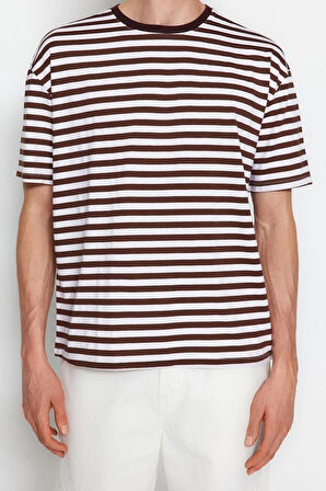 Yeni Sezon Rahat Pamuk Polyester Bisiklet Yaka Kısa Kol Çizgili Desenli Günlük T-Shirt