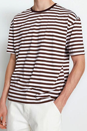 Yeni Sezon Rahat Pamuk Polyester Bisiklet Yaka Kısa Kol Çizgili Desenli Günlük T-Shirt