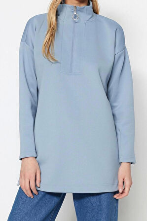 Kadın Tesettür Moda Regular Dik Yaka Düşük Kol Regular Fermuar Detaylı Dalgıç Scuba Örme Sweatshirt