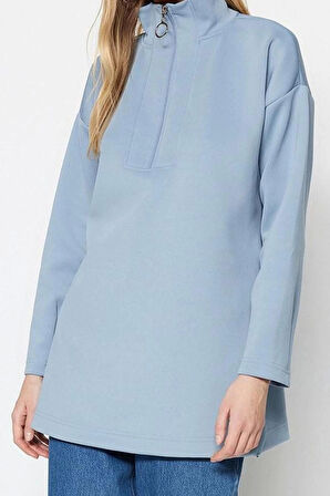 Kadın Tesettür Moda Regular Dik Yaka Düşük Kol Regular Fermuar Detaylı Dalgıç Scuba Örme Sweatshirt