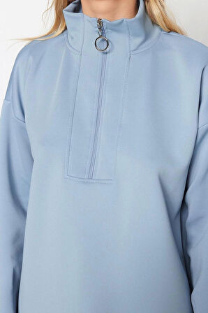 Kadın Tesettür Moda Regular Dik Yaka Düşük Kol Regular Fermuar Detaylı Dalgıç Scuba Örme Sweatshirt