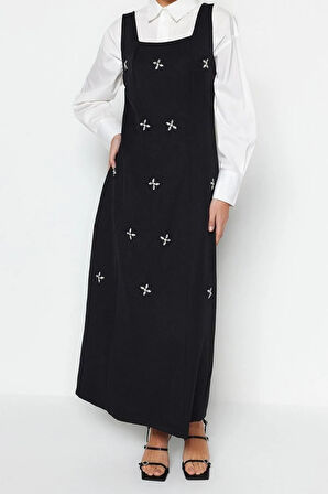 Yeni Jile Casual Günlük Finike Dokuma Kare Yaka Kolsuz Kol Jile Maxi Boy Tesettür Elbise