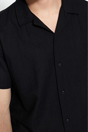 Erkek Moda Kısa Kol Dokuma Siyah Unisex Relaxed Fit  Gömlek