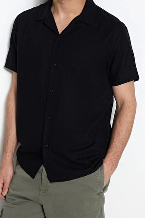 Erkek Moda Kısa Kol Dokuma Siyah Unisex Relaxed Fit  Gömlek