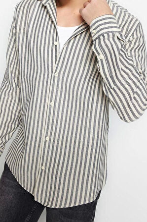 Erkek Moda Uzun Kol Dokuma Limited Edition Taş Regular Fit Çizgili Dokulu Gömlek