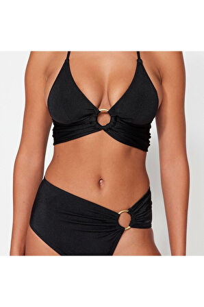 Yeni Düz Destekli Üçgen Normal Bel Brief Siyah Bralet Aksesuarlı Yüksek Bel Bikini Takımı