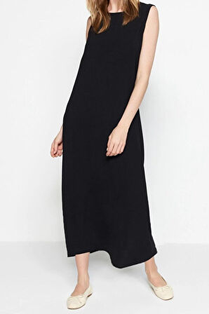 Yeni Regular Casual Günlük Aerobin Dokuma Bisiklet Yaka Kolsuz Kol Shift Maxi Boy Tesettür Elbise