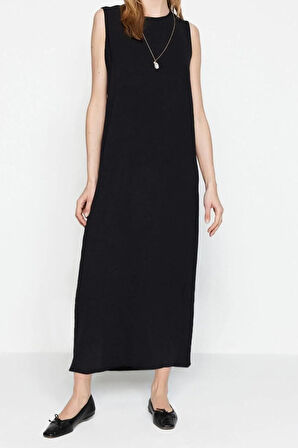 Yeni Regular Casual Günlük Aerobin Dokuma Bisiklet Yaka Kolsuz Kol Shift Maxi Boy Tesettür Elbise