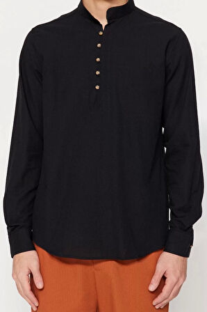 Erkek Moda Uzun Kol Dokuma Koyu Yeşil Slim Fit Yarım Patlı Hakim Yaka %100 Pamuklu Gömlek