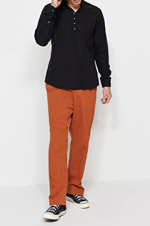 Erkek Moda Uzun Kol Dokuma Koyu Yeşil Slim Fit Yarım Patlı Hakim Yaka %100 Pamuklu Gömlek