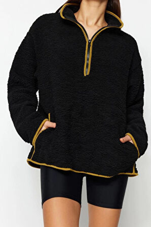 Kadın Moda Şık Regular Dik Yaka Düşük Kol Regular Peluş Örme Spor Sweatshirt