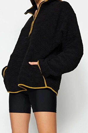 Kadın Moda Şık Regular Dik Yaka Düşük Kol Regular Peluş Örme Spor Sweatshirt