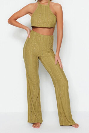 Kadın Moda Şık Regular Uzun Boy Uzun Kollu Örme Dantelli Bluz Pantolon Takım