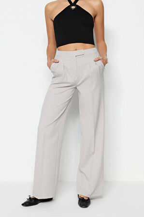 Kadın Yeni Moda Boru Paça Regular Boy Dokuma Wide Leg Geniş Paça Yüksek Bel Pantolon
