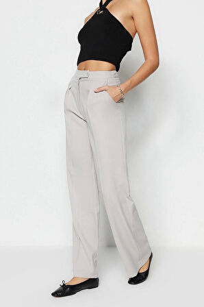 Kadın Yeni Moda Boru Paça Regular Boy Dokuma Wide Leg Geniş Paça Yüksek Bel Pantolon