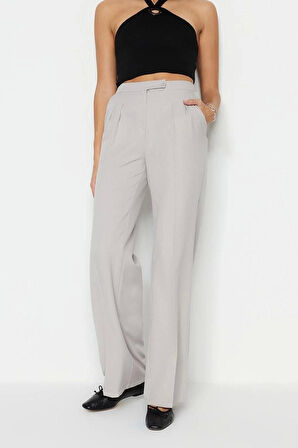 Kadın Yeni Moda Boru Paça Regular Boy Dokuma Wide Leg Geniş Paça Yüksek Bel Pantolon