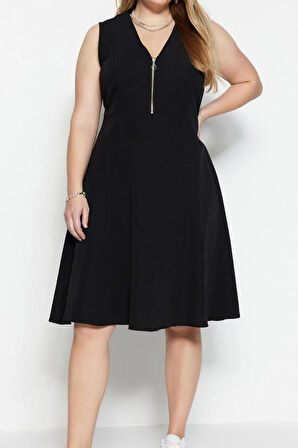 Yeni Rahat Casual Günlük Terrycotton Dokuma V Yaka Askılı Kol Skater Midi Boy Büyük Beden Elbise