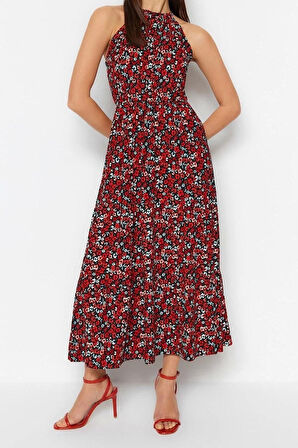 Yeni Regular Günlük Polyester Kaşkorse Örme Boyundan Bağlamalı Kolsuz Kol Skater Maxi Boy Elbise