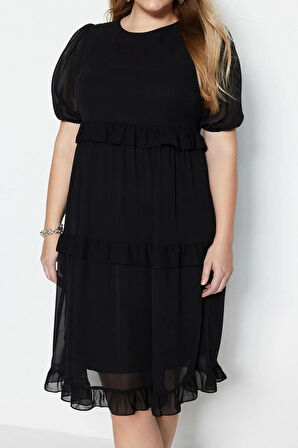 Yeni Rahat Casual Günlük Şifon Dokuma Kare Yaka Kısa Kol Smock Mini Boy Büyük Beden Elbise