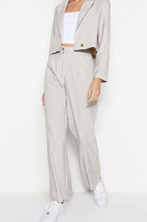 Kadın Yeni Moda Geniş Paça Uzun Boy Dokuma Geniş Paça Wide Leg Çizgili Pantolon